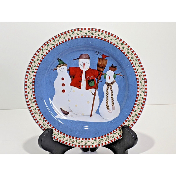 Sakura Debbie Mumm SNOWMAN Salad Dessert Lunch Plates Set of 4 NEW - Picture 2 of 8